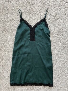 Silk-Feel Green Lace Trim Slip Dress